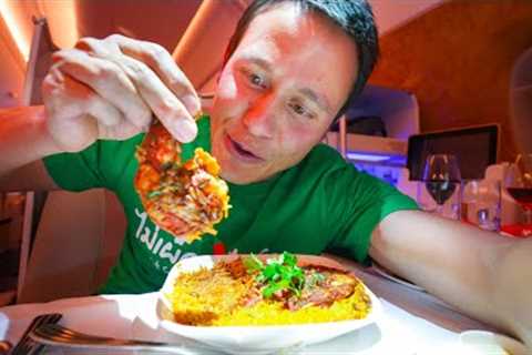 Emirates Food Review - HUGE SHRIMP MACHBOOS on Business Class!! | LA to Dubai