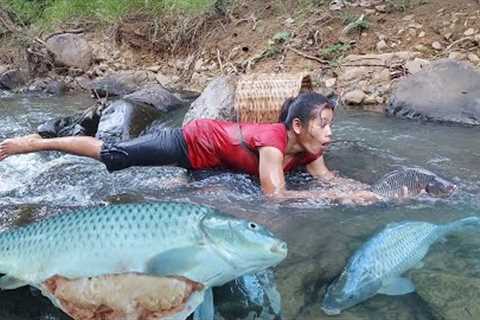 Catch big fish by hand in river - Big fish soup spicy chili for dinner - Survival cooking in forest