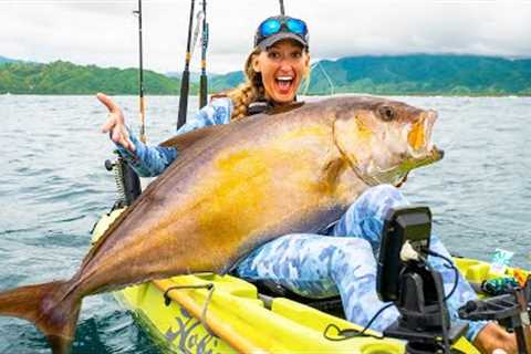 EPIC BATTLE: GIRL vs MONSTER FISH {CATCH CLEAN COOK} Offshore Kayak Fishing
