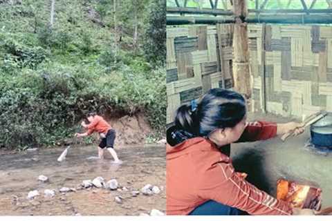 wood stove, clay, catching stream fish, cooking, on the farm