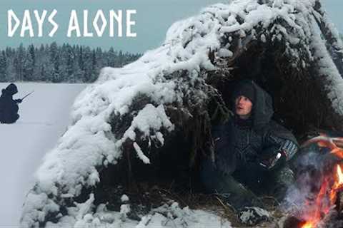 6 Day Winter Camping by a Frozen Lake: ICE FISHING &amp; Building a Bushcraft Shelter