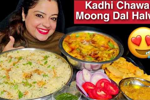 EATING KADHI CHAWAL, MOONG DAL HALWA, CHUTNEY CHIPS &amp; SALAD | Homemade Indian Veg Food MUKBANG..