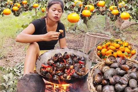 Snails curry delicious and Wild oranges Delicious food in jungle - Survival cooking