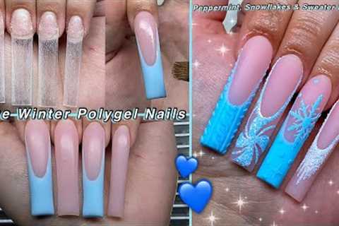 BLUE WINTER POLYGEL NAILS❄️ PEPPERMINT, SNOWFLAKES &amp; SWEATER NAIL ART DESIGN! | Nail Tutorial