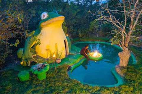 Complete Build Frog House with Around Swimming Pool, Girl Solo Bushcrafts Survival Skills Primitive