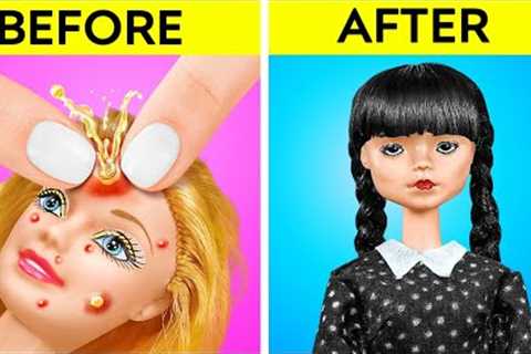 CUTE DOLL TRANSFORMATION TO WEDNESDAY ADDAMS || Tiny DIY Hacks for Good VS Bad Dolls by 123 GO!