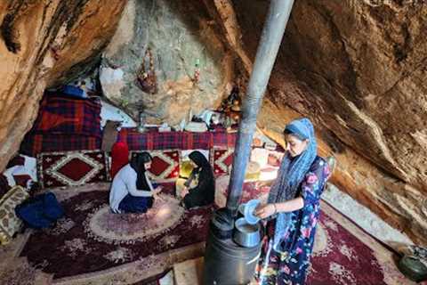 Cooking a simple but hearty meal with fresh sheep's milk in a stone hut in the forest