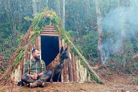 Building a DUGOUT Shelter with FIREPLACE in the Forest, Bushcraft Survival Shelter, Nature Sounds