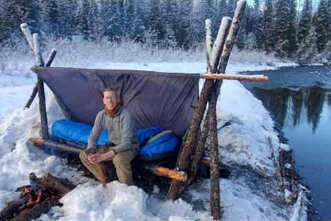 HOT ROCKS in my Bushcraft Cot - Winter Camping in Alaska with a Survival Shelter