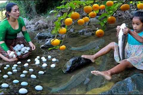 Catch fish and pick baby eggs wild orange fruit  - Mother cooking baby egg &amp;roast fish eat..