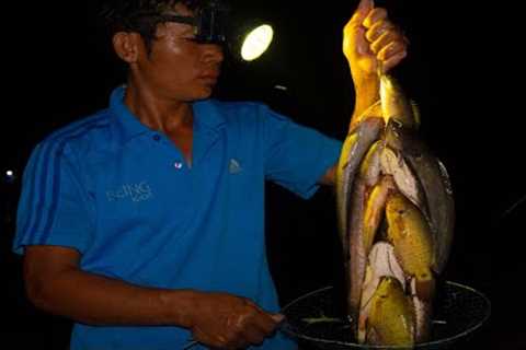 Night Fishing Skill - Using Hook To Catch Natural Fish With Earth-worm Biat At Night.