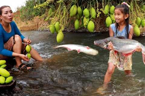 Big catfish with young mango sauce grilled for lunch- Survival cooking in forest