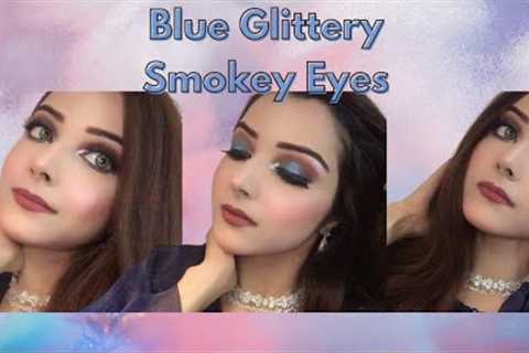 Blue glittery smokey eyes makeup tutorial| Classic blue smokey