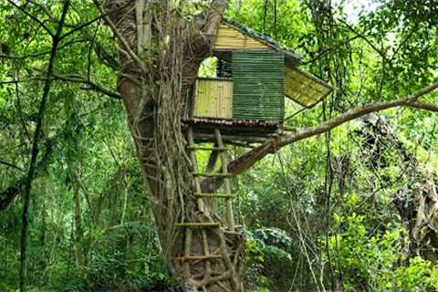 240h Survival - Build a Rainforest Shelter, Fireplace, Night Hunt | Bamboo House On The Tree