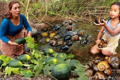 Pick watermelons and snail at river- Mother cooking snail curry for lunch with daughter