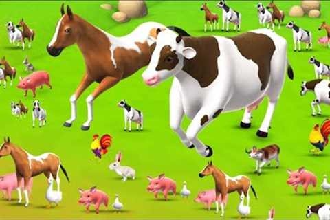 Giant Horse and Cow Race in Farm Diorama Hen Rabbit - 3D Farm Animals Cartoons Comedy Videos