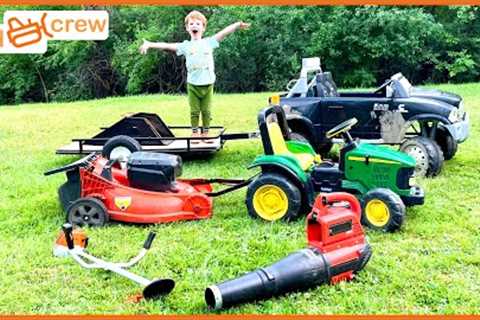 Mowing lawn with kids ride on toy trucks, tractor, trailer. Educational how a mower works | Kid Crew