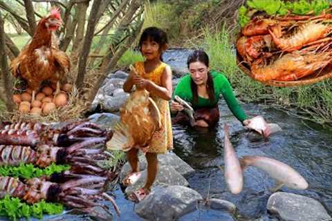 Top 4 videos mother with daughter catch &amp; cook fish. chicken. egg. Squid. Lobster eating..