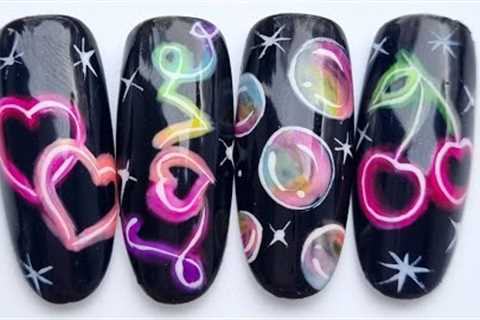 Glowing neon sign nail art. Rainbow bubbles nail art.