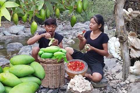 Natural Sour Green mango with Salt chili for food  - Mouth watering food - Survival in forest