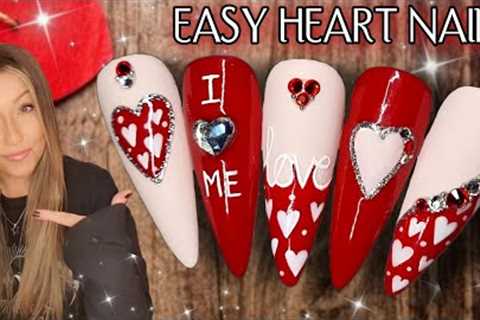 ❤ Easy Heart Valentine Nails | Red Bling Hearts Nail Art Design | Quick Beginner Anti Valentine's