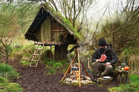 Building wood survival shelter in wildlands | Bushcraft &amp; Campfire grilled meat