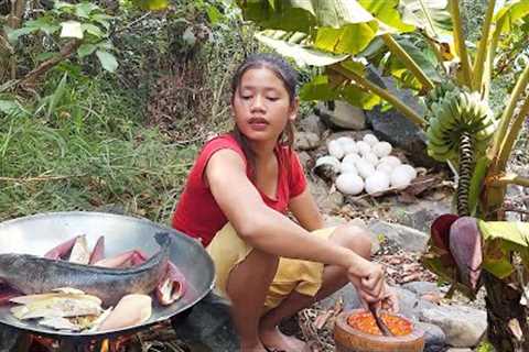 Adventure in jungle: Found catch big fish by hand, Grilled big fish banana for dinner - Solo cooking