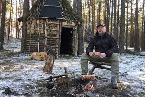 2-storey forest log Cabin. Primitive bushcraft shelter for survival. Stone and wood floors