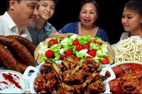 CHICKEN CHATPATA, SAUSAGE, MEAT BALLS, SPAGHETTI, HUNG CURD DIP &amp; SALAD || FAMILY MUKBANG