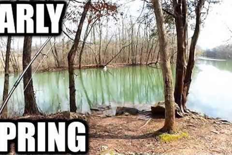 Early Spring Fishing from the Bank - Fishing a Flooded Lake &amp; Creek