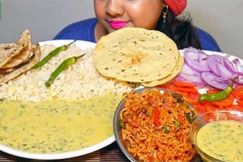 EATING INDIAN FOOD | KADI, BASMATI RICE, GREEN CHILLIES, PAPAD, SPICY VEGETABLE MAGGI MUKBANG | ASMR
