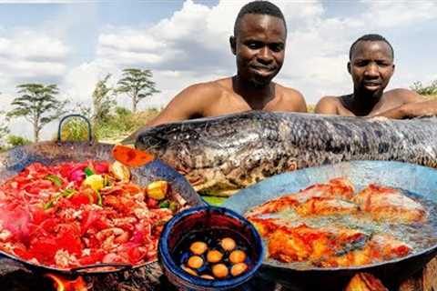 Cooking Delicious Big African Lungfish, After Catching it with Amaizing Skill Ever...
