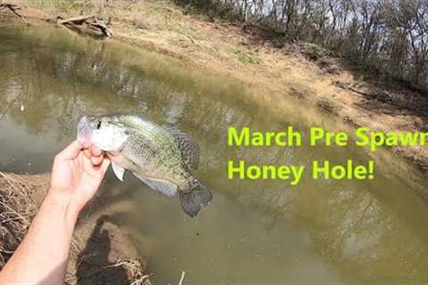 March Creek Bank Fishing Honey Hole! Creek bend loaded with Pre-Spawn Crappie/White bass!