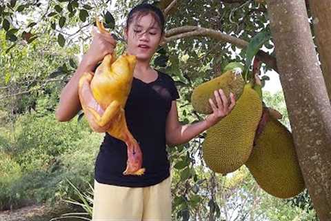 Adventure in forest: Chicken and egg curry with jackfruit, Eating delicious - Survival cooking