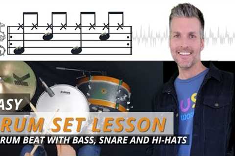 Easy Drum Set Lesson | Beginner Drum Beat with Bass, Snare and Hi-Hats