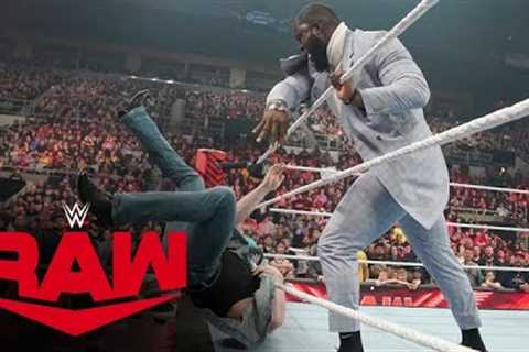 Omos throws Brock Lesnar out of the ring after escaping Suplex City: Raw, March 13, 2023