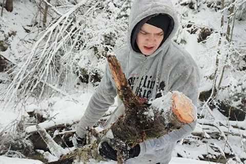 Building a Bushcraft Survival Shelter in a Snowy Forest, Survival Skills, Solo Camping