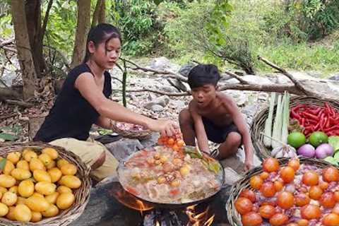 adventure and cooking Chicken egg, liver and stomach for survival food in forest