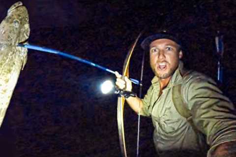 ALONE in the bush with NO FOOD - NIGHT BOW n ARROW - Eating Only What I Catch