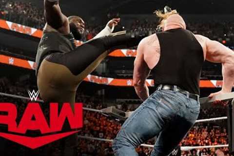 Omos hits a devastating kick on Brock Lesnar during a pre-WrestleMania brawl: Raw, March 27, 2023