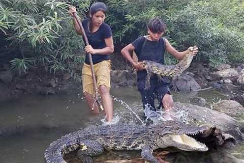 Adventure in forest: Found and catch wild crocodile for food - Cooking crocodile for dinner