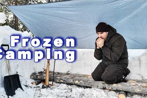 Building Primitive Tarp Shelter in the Cold Winter Forest | Survival Skills | Outdoor Cooking