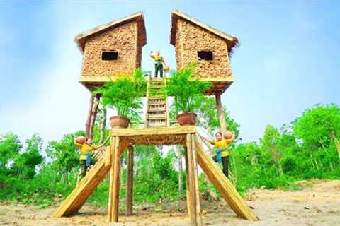 Survival Girl Living Off Grid, Building Two Tree House Contiguous on Tree, Sleeping House, Kitchen