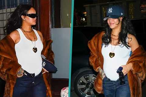 Rihanna Shows Off Baby Bump In White Tank &amp; Unbuttoned Jeans
