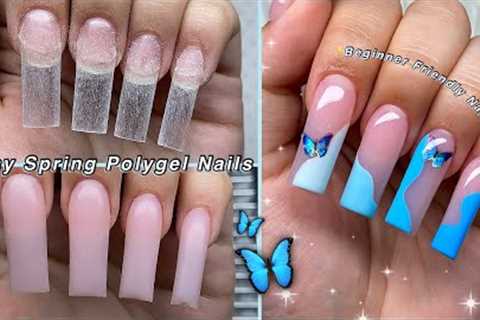 EASY SPRING POLYGEL NAILS🦋 BEGINNER FRIENDLY NAIL ART &amp; BLUE SPRING NAIL DESIGN | Nail Tutorial