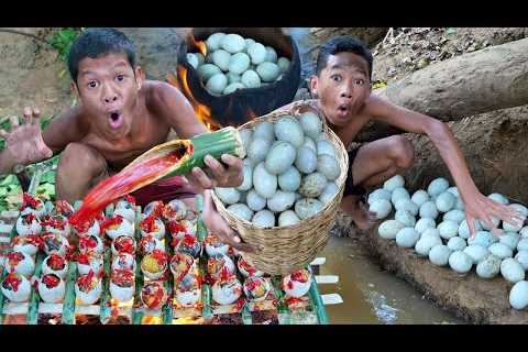 Survival in the rainforest - Duck egg, cooking delicious eating | Primitive Boy