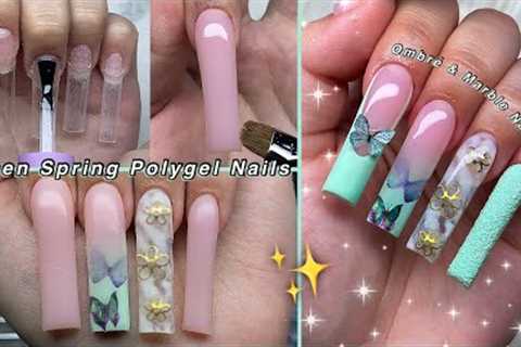 GREEN SPRING POLYGEL NAILS✨ HOW TO BUTTERFLY OMBRE &amp; FLOWER CHARM NAIL DESIGN! Nail Tutorial