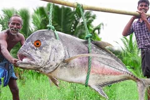 40kg MONSTER TREVALLY FISH PEPER GARLIC FRY | Cutting and Cooking Huge Boneless Fish | Village