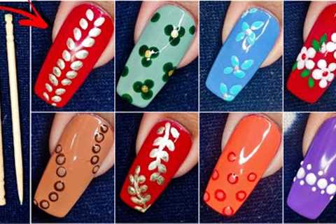 Nail Art Using Tooth Pick &amp; Regular Polish Only | DIY No Tool Nail art Compilation | Nail..