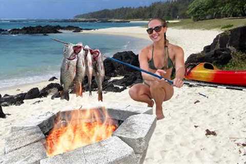 Hand spearing fish in murky water (catch, clean &amp; cooking over primitive fire)
